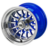 205/50-10 LSI Elite Tires on 14-Spoke Blue/Machined Golf Cart Wheels