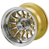 205/50-10 LSI Elite Tires on 14-Spoke Gold/Machined Golf Cart Wheels