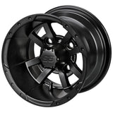205/50-10 LSI Elite Tires on Matte Black Maltese Cross Golf Cart Wheels