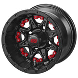 205/50-10 LSI Elite Tires on Matte Black Revenge Golf Cart Wheels with Color Inserts