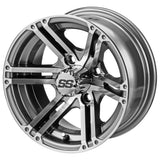23x10.50-12 Black Trail II Tires on 12x6 Gun Metal Gray/Machined Yukon Golf Cart Wheels
