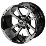23x10.50-12 Black Trail II Tires on Black/Machined Maltese Cross Golf Cart Wheels