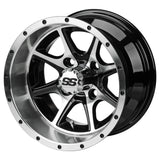 23x10.50-12 Black Trail II Tires on Black/Machined Azusa Golf Cart Wheels