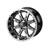 23x10.50-12 Black Trail II Tires on Black/Machined Revenge Golf Cart Wheels with Color Inserts