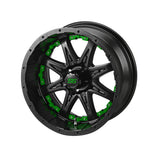 23x10.50-12 Black Trail II Tires on Matte Black Revenge Golf Cart Wheels with Color Inserts
