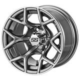 23x10.50-12 Black Trail II Tires on Gun Metal Gray/Machined Ninja Golf Cart Wheels
