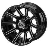 23x10.50-12 Black Trail II Tires on Black/Machined Ball Milled Venom Golf Cart Wheels