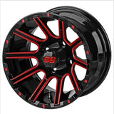 23x10.50-12 Black Trail II Tires on Black/Red Ball Milled Venom Golf Cart Wheels