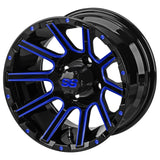 22x11.00-12 Black Trail Tires on Black/Blue Ball Milled Venom Golf Cart Wheels