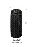 22x11.00-12 Black Trail All-Terrain Tires on Black/Machined Azusa Golf Cart Wheels