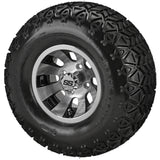 22x11.00-10 Black Trail II Tires on Black/Machined Gunslinger Golf Cart Wheels