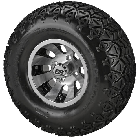 22x11.00-10 Black Trail II Tires on Black/Machined Gunslinger Golf Cart Wheels