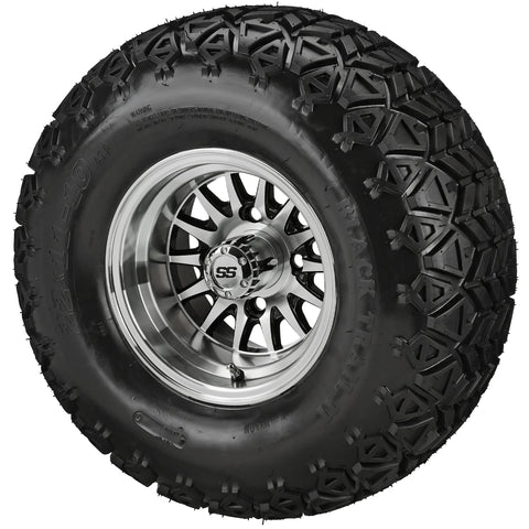 22x11.00-10 Black Trail II Tires on Black/Machined 14-Spoke Golf Cart Wheels