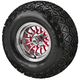 22x11.00-10 Black Trail II Tires on Red/Machined 14-Spoke Golf Cart Wheels