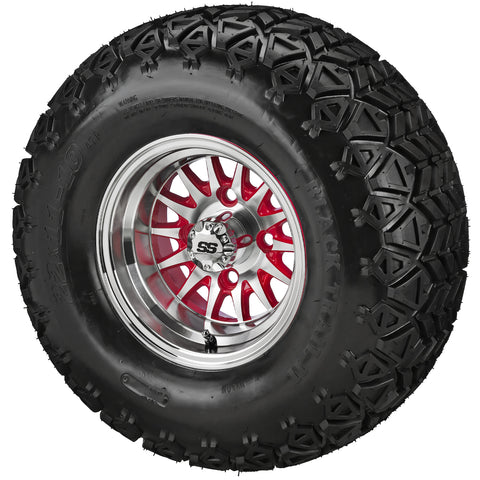 22x11.00-10 Black Trail II Tires on Red/Machined 14-Spoke Golf Cart Wheels