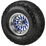 22x11.00-10 Black Trail II Tires on Blue/Machined 14-Spoke Golf Cart Wheels