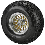 22x11.00-10 Black Trail II Tires on Gold/Machined 14-Spoke Golf Cart Wheels