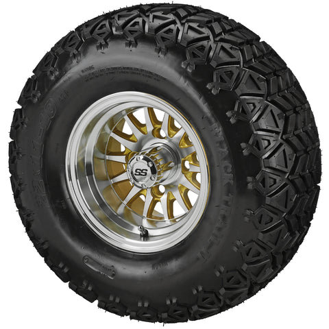 22x11.00-10 Black Trail II Tires on Gold/Machined 14-Spoke Golf Cart Wheels
