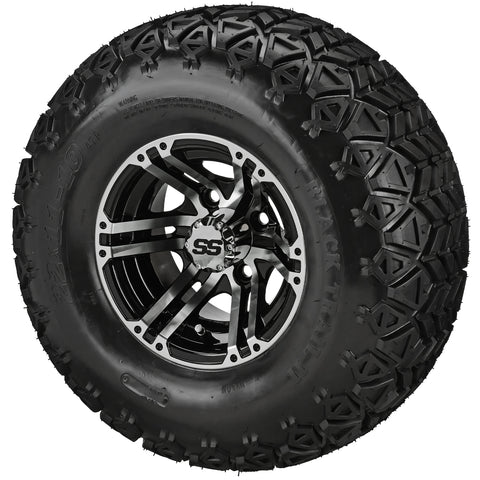 22x11.00-10 Black Trail II Tires on Black/Machined Yukon Golf Cart Wheels