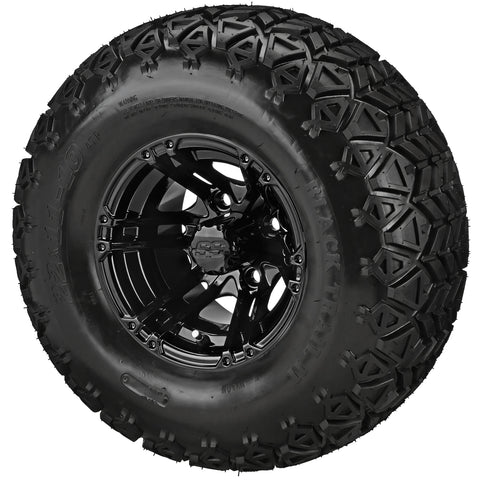 22x11.00-10 Black Trail II Tires on Gloss Black Yukon Golf Cart Wheels