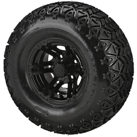 22x11.00-10 Black Trail II Tires on Matte Black Yukon Golf Cart Wheels