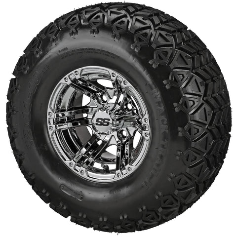 22x11.00-10 Black Trail II Tires on Mirror Yukon Golf Cart Wheels