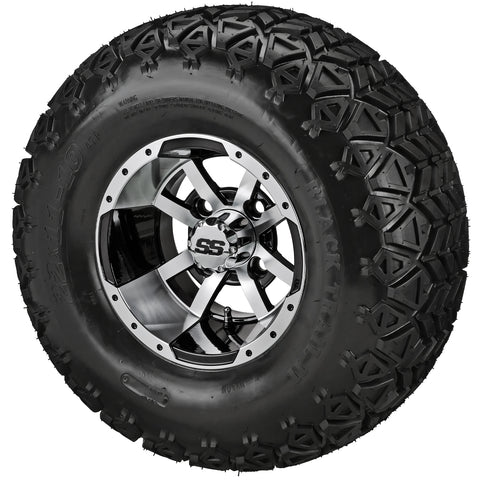 22x11.00-10 Black Trail II Tires on Black/Machined Maltese Cross Golf Cart Wheels