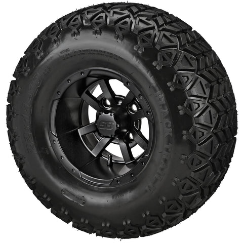 22x11.00-10 Black Trail II Tires on Matte Black Maltese Cross Golf Cart Wheels
