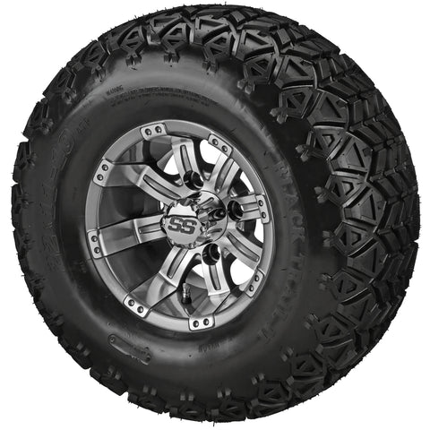 22x11.00-10 Black Trail II Tires on Gun Metal Gray/Machined Casino Golf Cart Wheels