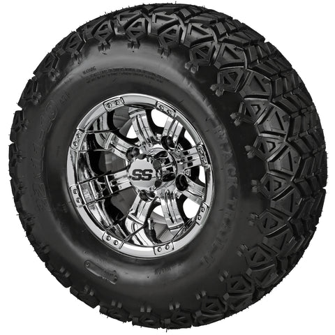 22x11.00-10 Black Trail II Tires on Mirror Casino Golf Cart Wheels