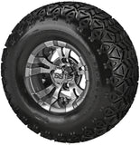 22x11.00-10 Black Trail II Tires on Gun Metal Gray/Machined Warlock Golf Cart Wheels