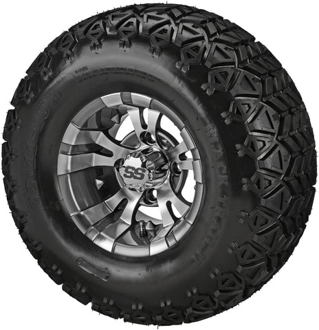 22x11.00-10 Black Trail II Tires on Gun Metal Gray/Machined Warlock Golf Cart Wheels