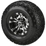 22x11.00-10 Black Trail II Tires on Black/Machined Warlock Golf Cart Wheels