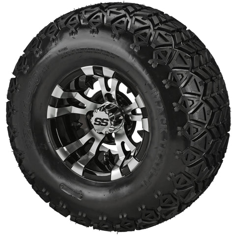 22x11.00-10 Black Trail II Tires on Black/Machined Warlock Golf Cart Wheels