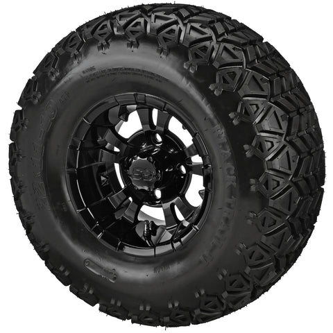 22x11.00-10 Black Trail II Tires on Gloss Black Warlock Golf Cart Wheels
