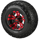 22x11.00-10 Black Trail II Tires on Red/Black Warlock Golf Cart Wheels