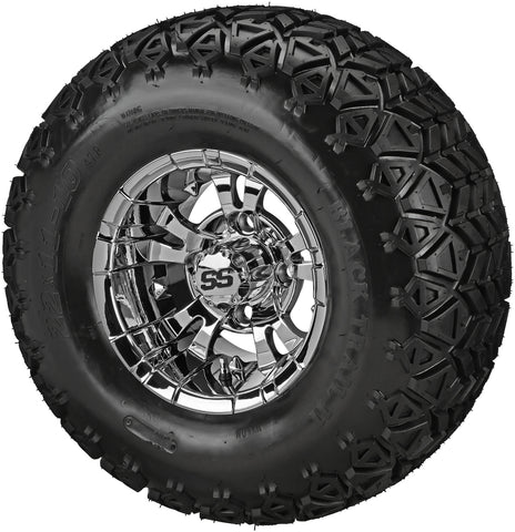 22x11.00-10 Black Trail II Tires on Mirror Warlock Golf Cart Wheels