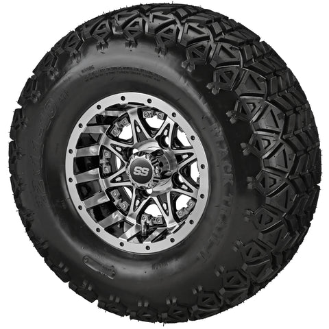 22x11.00-10 Black Trail II Tires on Black/Machined Revenge Golf Cart Wheels with Color Inserts