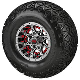 22x11.00-10 Black Trail II Tires on Black/Machined Revenge Golf Cart Wheels with Color Inserts