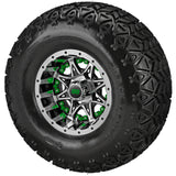 22x11.00-10 Black Trail II Tires on Black/Machined Revenge Golf Cart Wheels with Color Inserts