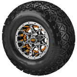 22x11.00-10 Black Trail II Tires on Black/Machined Revenge Golf Cart Wheels with Color Inserts