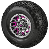 22x11.00-10 Black Trail II Tires on Black/Machined Revenge Golf Cart Wheels with Color Inserts