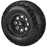 22x11.00-10 Black Trail II Tires on Matte Black Revenge Golf Cart Wheels with Color Inserts
