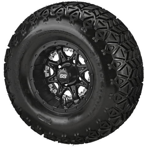 22x11.00-10 Black Trail II Tires on Matte Black Revenge Golf Cart Wheels with Color Inserts
