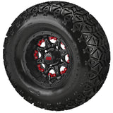 22x11.00-10 Black Trail II Tires on Matte Black Revenge Golf Cart Wheels with Color Inserts