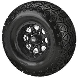 22x11.00-10 Black Trail II Tires on Matte Black Revenge Golf Cart Wheels with Color Inserts