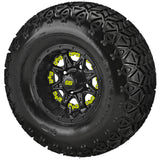22x11.00-10 Black Trail II Tires on Matte Black Revenge Golf Cart Wheels with Color Inserts