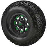22x11.00-10 Black Trail II Tires on Matte Black Revenge Golf Cart Wheels with Color Inserts