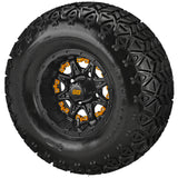 22x11.00-10 Black Trail II Tires on Matte Black Revenge Golf Cart Wheels with Color Inserts