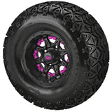 22x11.00-10 Black Trail II Tires on Matte Black Revenge Golf Cart Wheels with Color Inserts